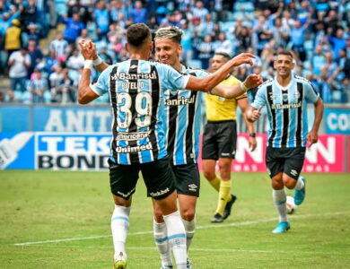 Biel e Bitello em comemoração pelo Grêmio